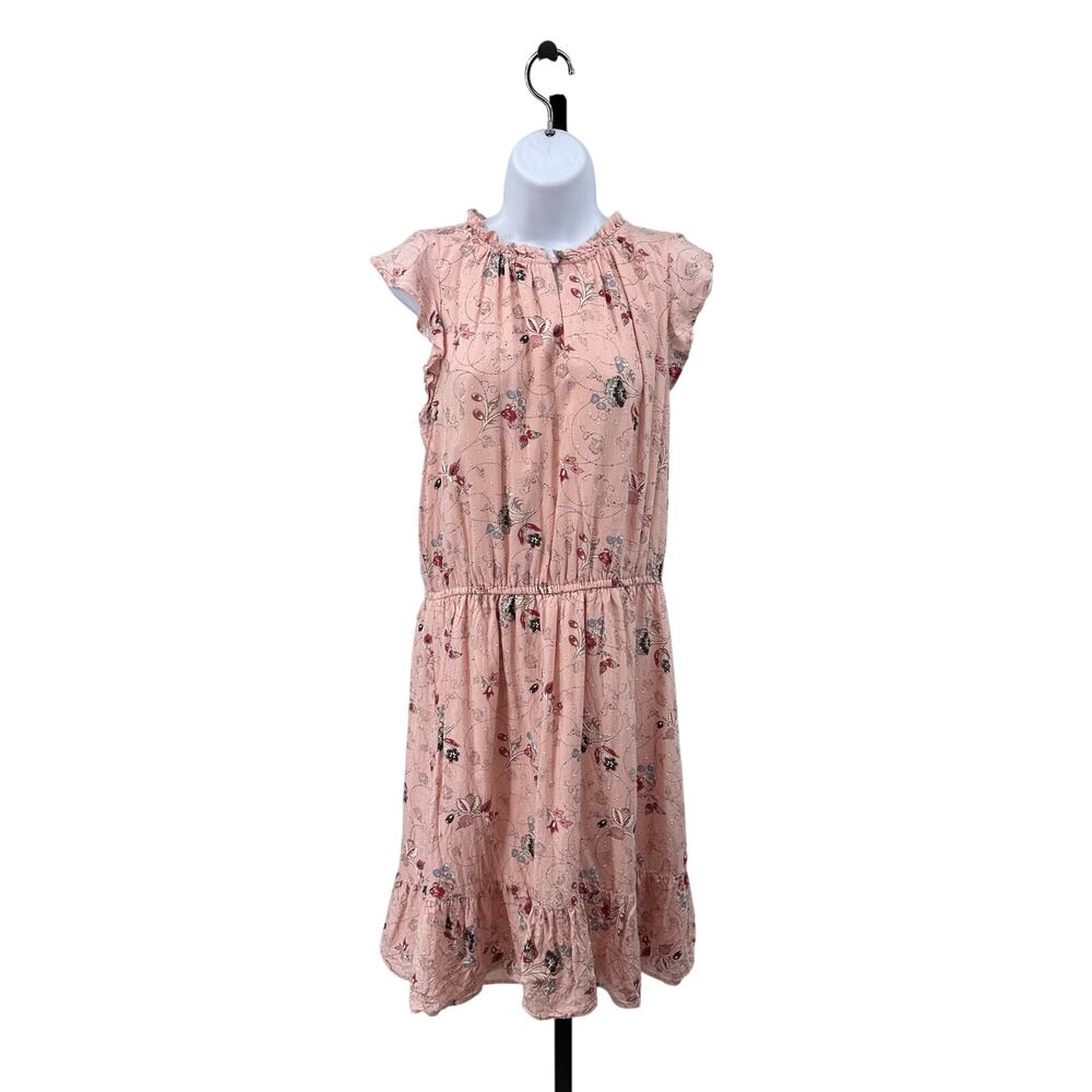 Loft Short Flounce Dress WMNS M Pink Floral Mini Sleeveless Ruffle Elastic Waist